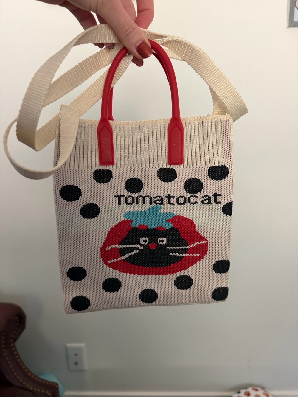Polka Dot Tomatocat Tote Bag with Red Handles